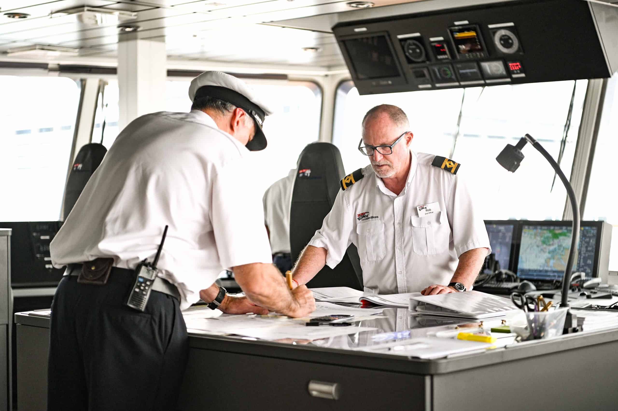 Guests can enjoy a friendly chat with the captain and crew as they observe them going about their daily routines of ship operations.