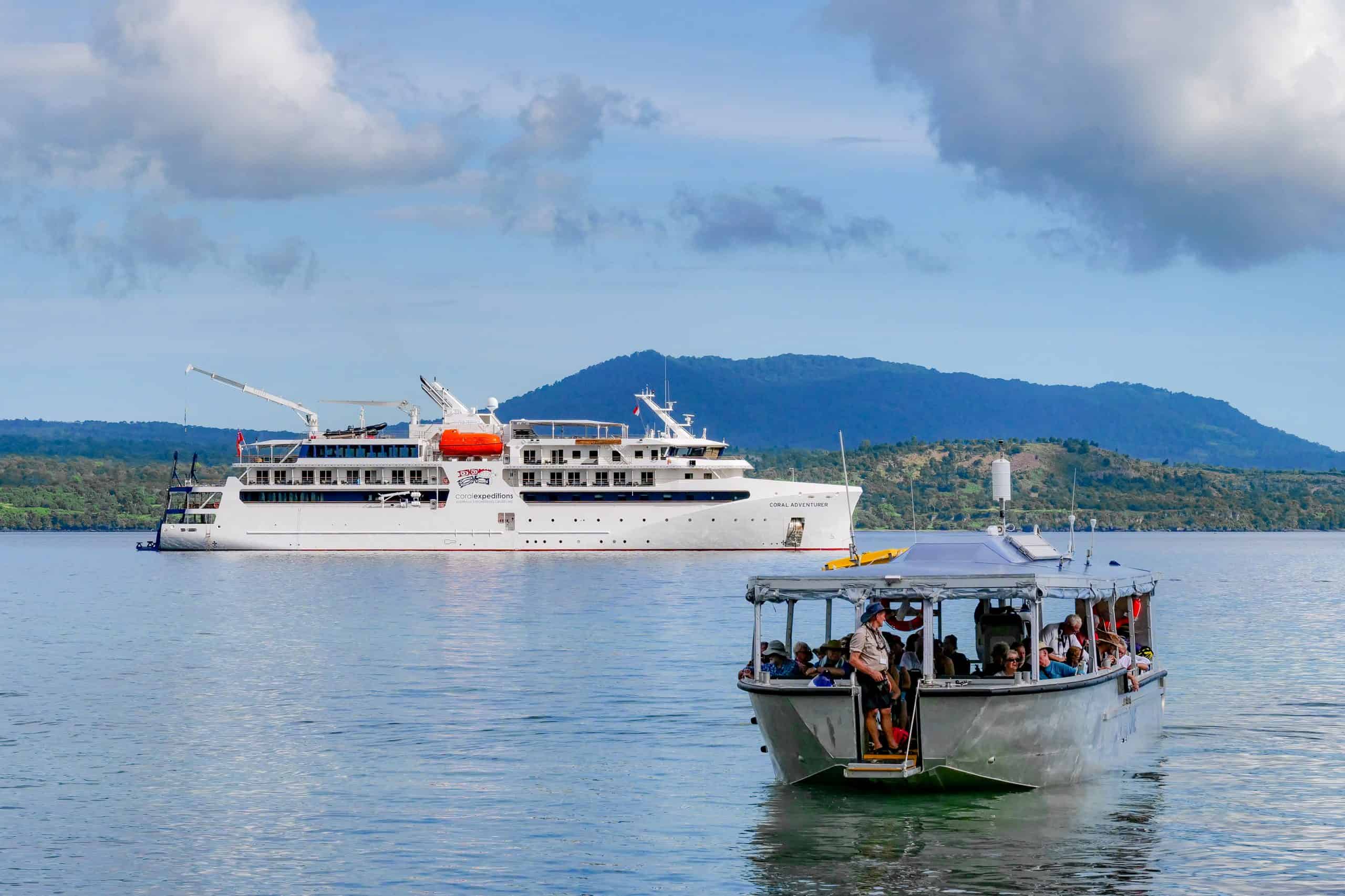 Coral Adventurer with Xplorer en route to a shore landing