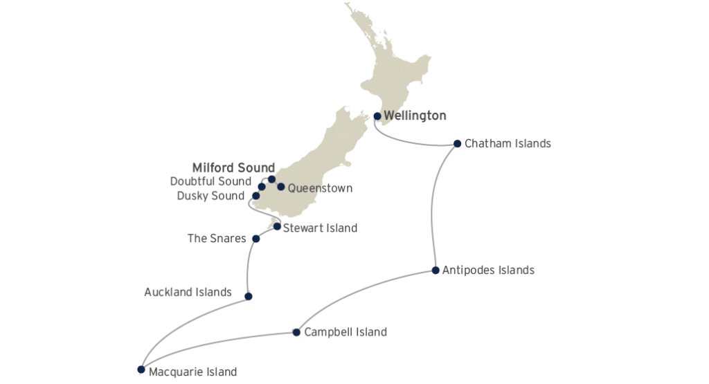 Coral-Expeditions---Expedition-to-the-Albatross-Islands---Milford-Sound-to-Wellington---16-Nights---Map