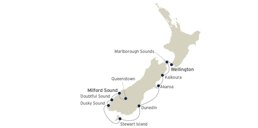 Coral-Expeditions---Fiordland-&-the-South-Coast---Milford-Sound-to-Wellington---8-Nights---Map