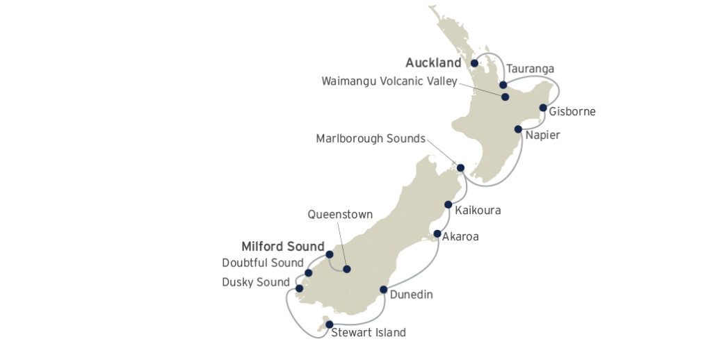 Coral-Expeditions---New-Zealand's-East-Coast---Auckland-to-Milford-Sound---12-Nights---Map