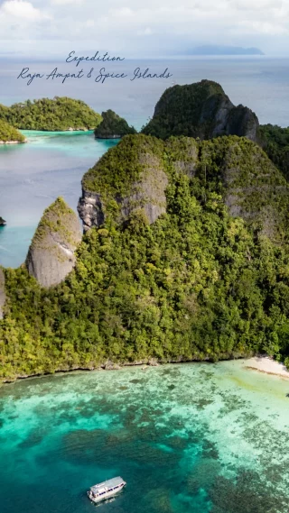 Sailing through Raja Ampat and the Spice Islands with Coral Expeditions is like stepping into a living geological gallery—where ancient limestone karsts rise from turquoise waters, sculpted by time, tides, and tropical rain.
In Raja Ampat, these dramatic limestone formations are some of the oldest exposed rock in Indonesia, believed to date back over 400 million years. Towering cliffs and hidden lagoons are fringed by lush jungle, with sea caves and narrow channels inviting quiet Zodiac explorations. The erosion of these soft, porous rocks over millennia has created a wonderland of islands, islets, and intricate reefs—making it a paradise for nature lovers and photographers alike.
As we continue into the Spice Islands, the limestone gives way to a different kind of drama—steep volcanic peaks and fertile soils, but still peppered with smaller limestone formations that have shaped sheltered anchorages and coral-rich bays. These islands once sat at the centre of the global spice trade and are now a quieter treasure, where natural beauty and history coexist.
Every Zodiac cruise and shore landing in this region reveals a new face of the landscape—from towering cliffs and cathedral-like overhangs to small rocky outcrops that host vibrant coral gardens just beneath the surface.